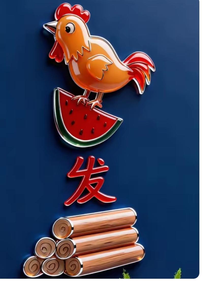 成语继续猜。
图中画面太美啦；
有大公鸡大西瓜；
还有发字和金钱；
谐音猜四字成