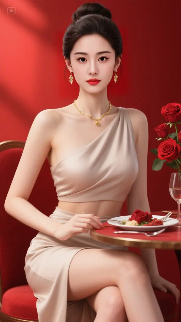 被 AI 魔法雕琢的绝美瞬间！单肩裙装衬出优雅气场，红唇金饰尽显华贵。...