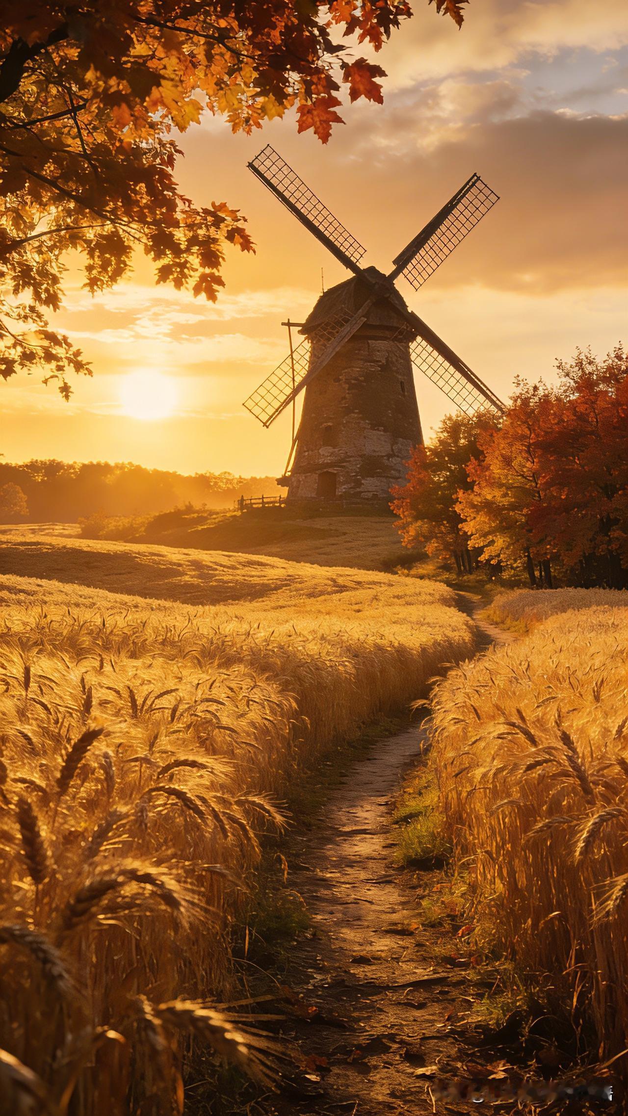 风车转，秋意浓，田间小路通。