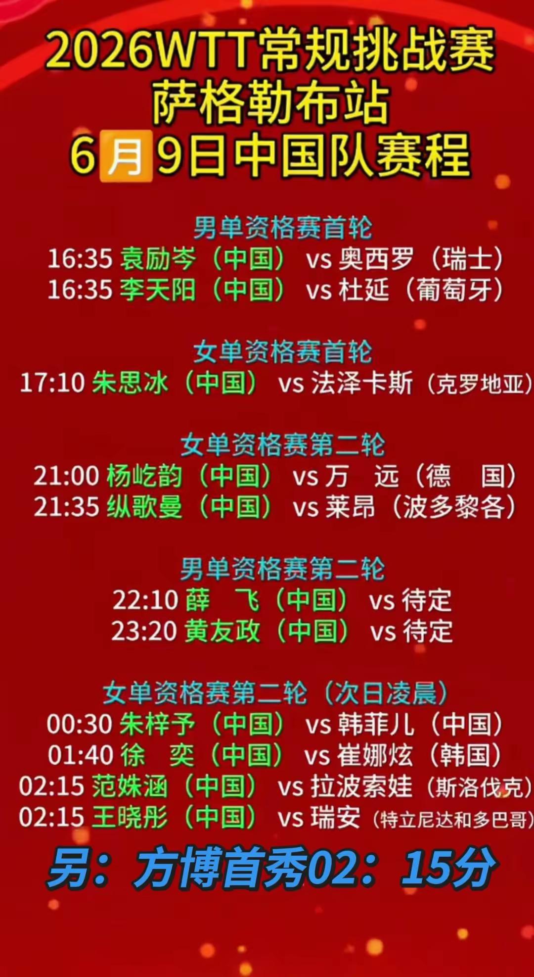 2026年6月9日，WTT常规挑战赛萨格勒布站在克罗地亚首都萨格勒布开打，这是国