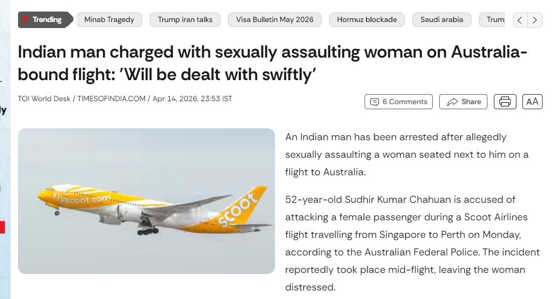 印度男子在飞机上将邻座女子强奸，当场被抓。

澳大利亚警方已经将这名印度男子逮捕