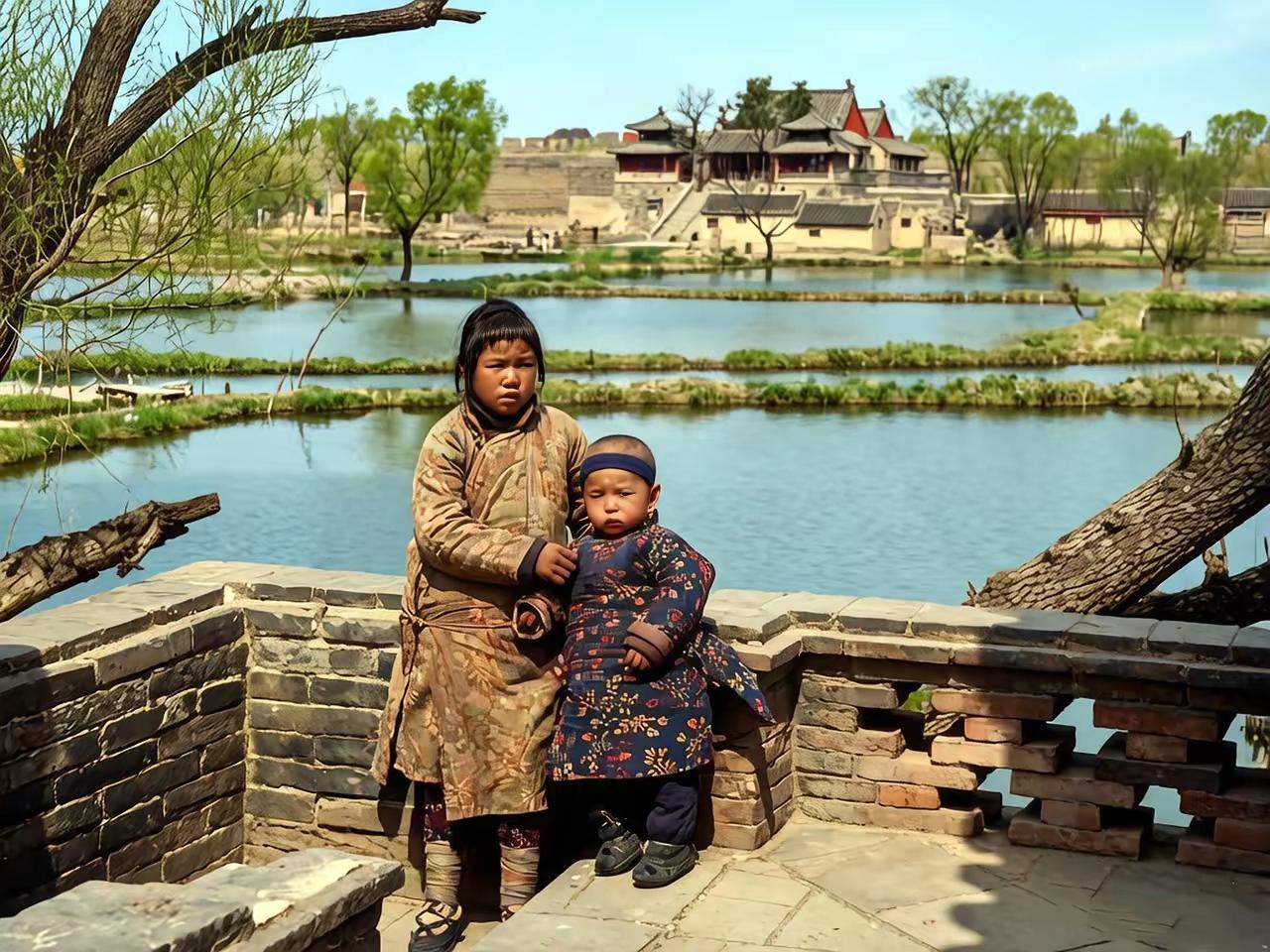 这是1914年一位外国人所摄照片（经修复上色）。画面中，姐姐带着弟弟，身后的古建