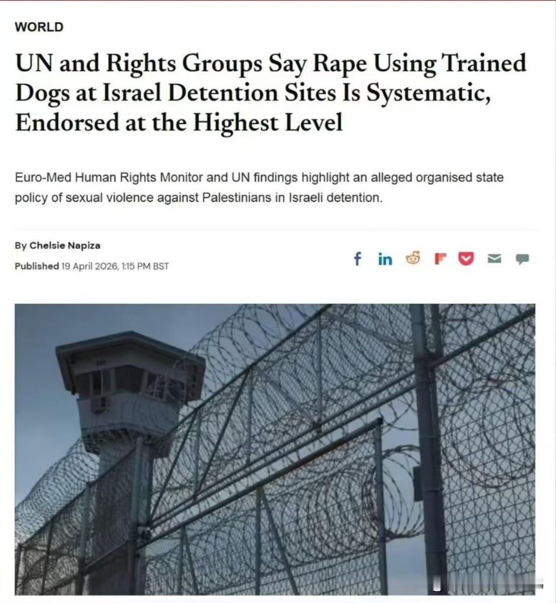 禽兽不如啊！

联合国和人权组织表示，在以色列拘留场所使用训练犬进行强奸是系统性