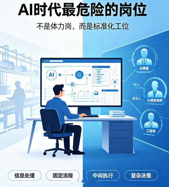AI时代最危险的岗位是什么很多人以为AI只会替代重复体力工作，可现实恰恰相反，脑