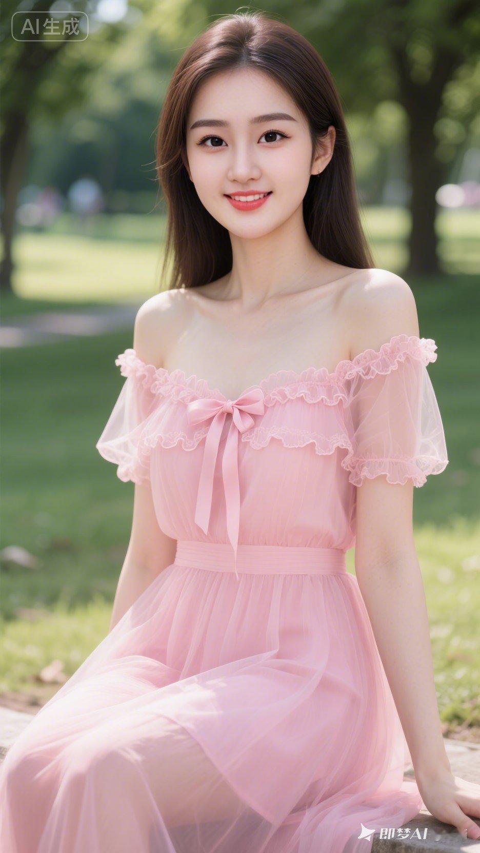 甜美粉裙少女，公园里的梦幻时光🌸💖