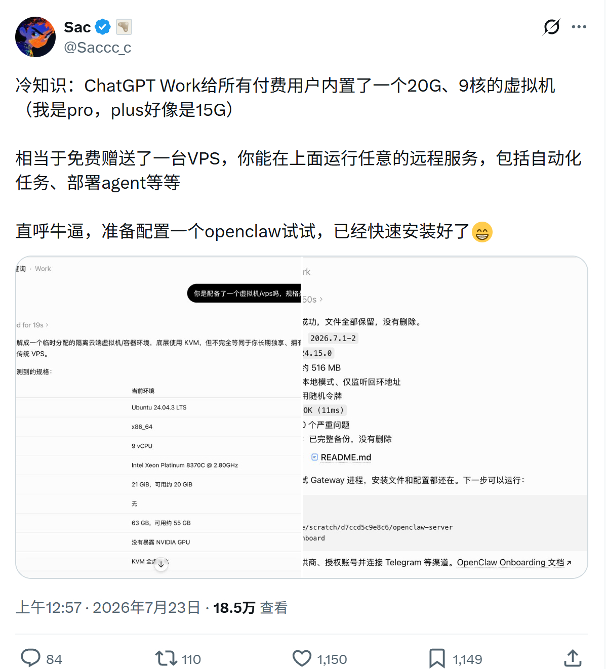（转）冷知识：ChatGPT Work给所有付费用户内置了一个20G、9核的虚拟