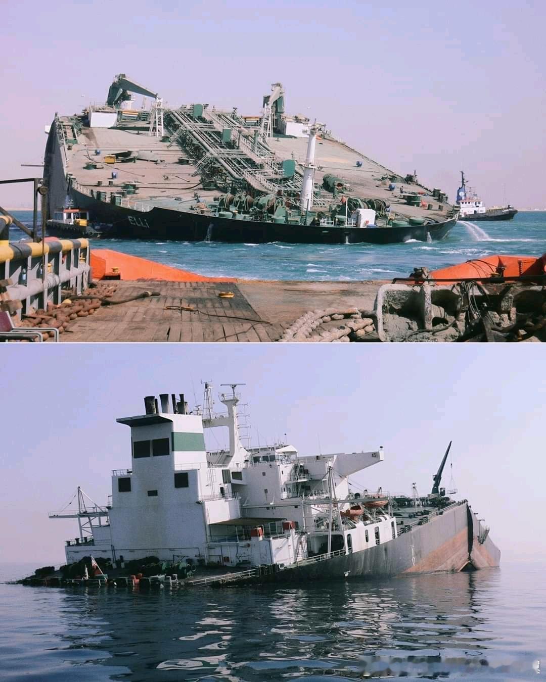 图片上上油轮“埃莉”号（M/T Ellie），它于2004年3月在阿联酋富查伊拉