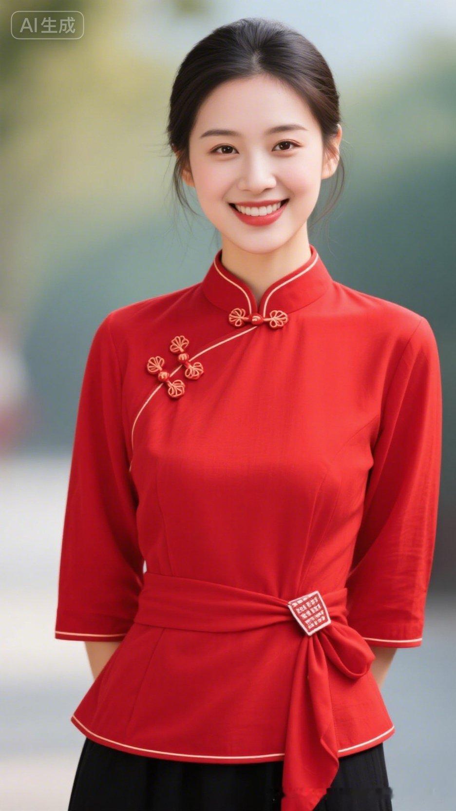这位美女穿着红色旗袍，笑容甜美。