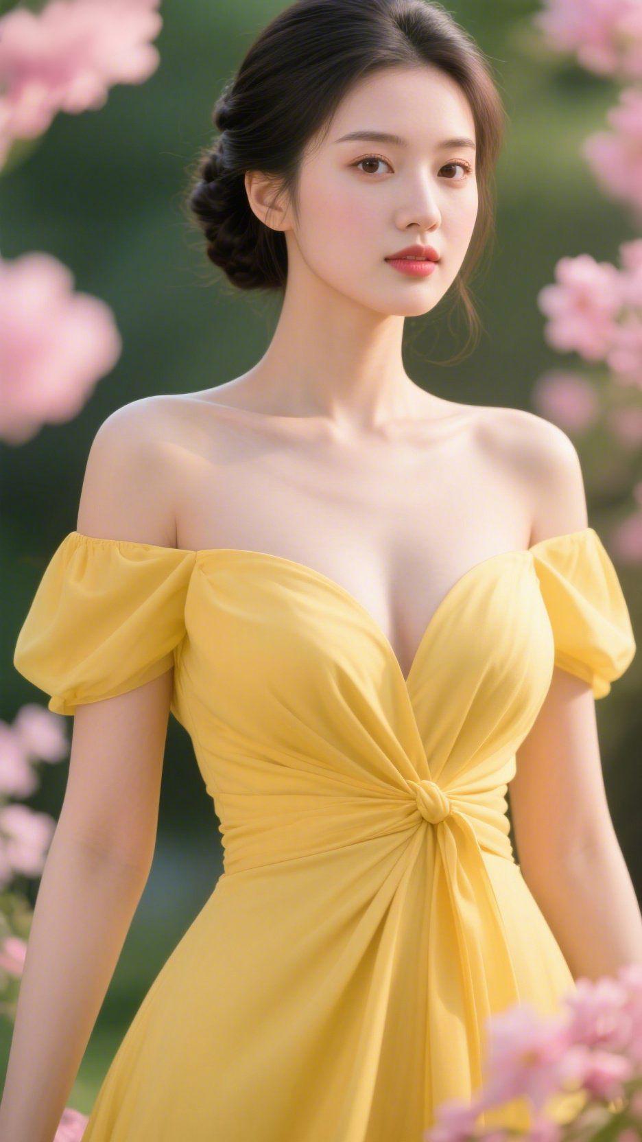 黄裙揽芳菲
 
明黄裙裾揉进春日的明媚，一字肩剪裁勾勒出舒展的温柔，粉樱绕身，绿