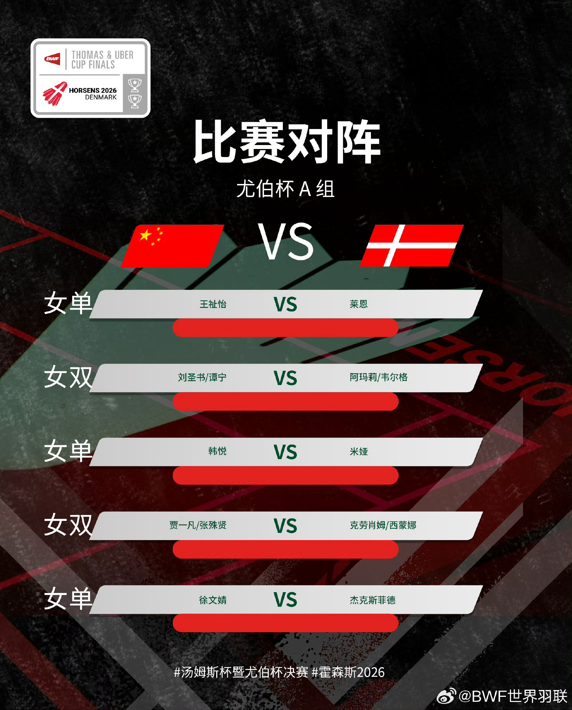 #尤杯国羽vs丹麦#🏸2026年汤尤杯4月26日小组赛A组，中国队vs 丹麦队