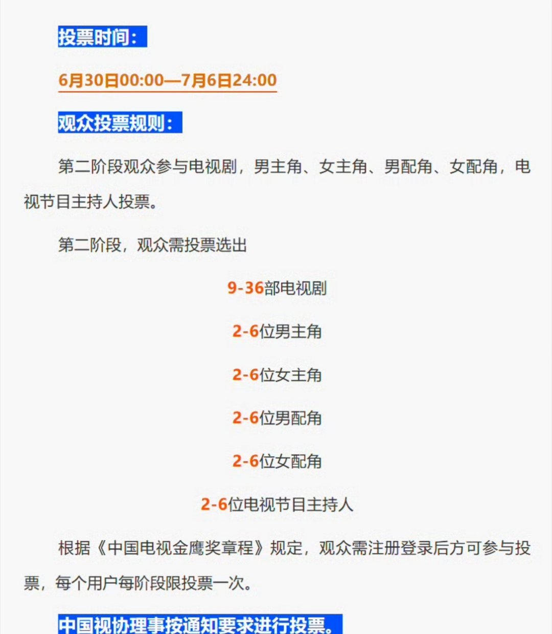 第33届中国电视金鹰奖第二阶段投票将于明日（6月30日）00:00开启，持续至7
