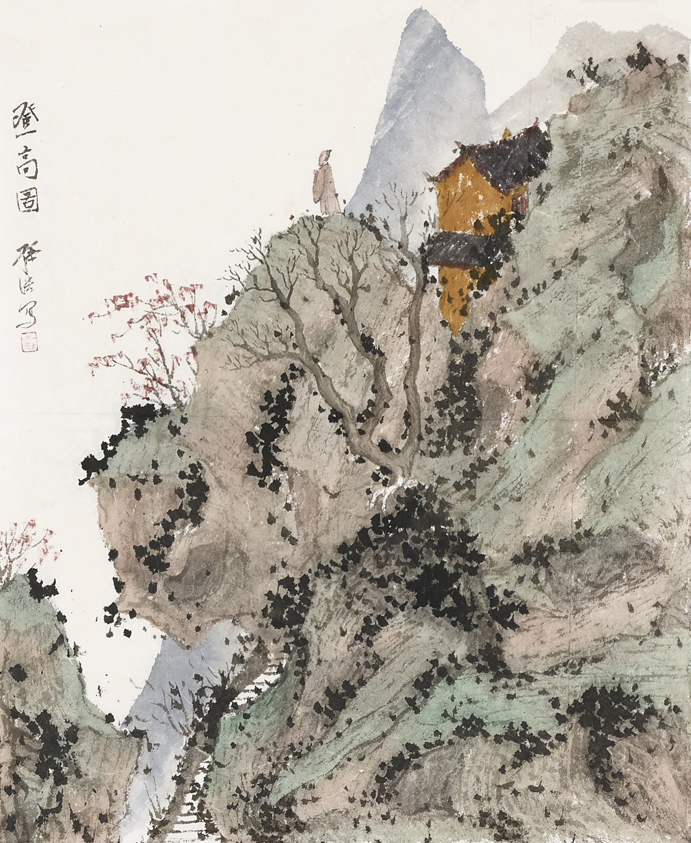 《一亭一人，天地自宽》画中那座悬于半山的黄色小亭，与亭前独立的高士，是整幅画的灵