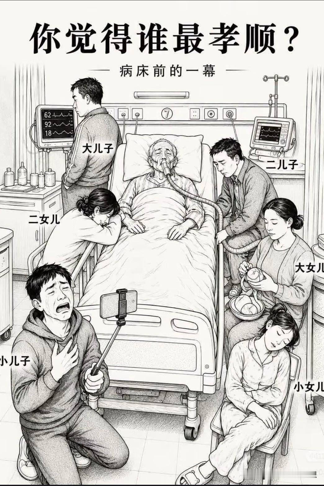 病床前的一幕，大家看看谁最孝顺？

其实单凭一张图也不能说谁孝顺谁不孝顺。

俗