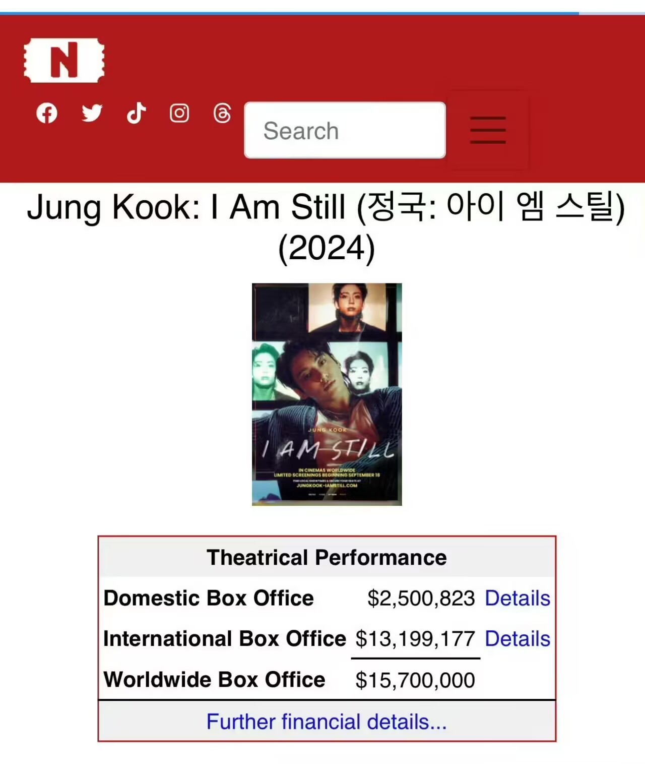 田柾国个人首张专辑《golden》相关纪录片 《i am still》全球票房突