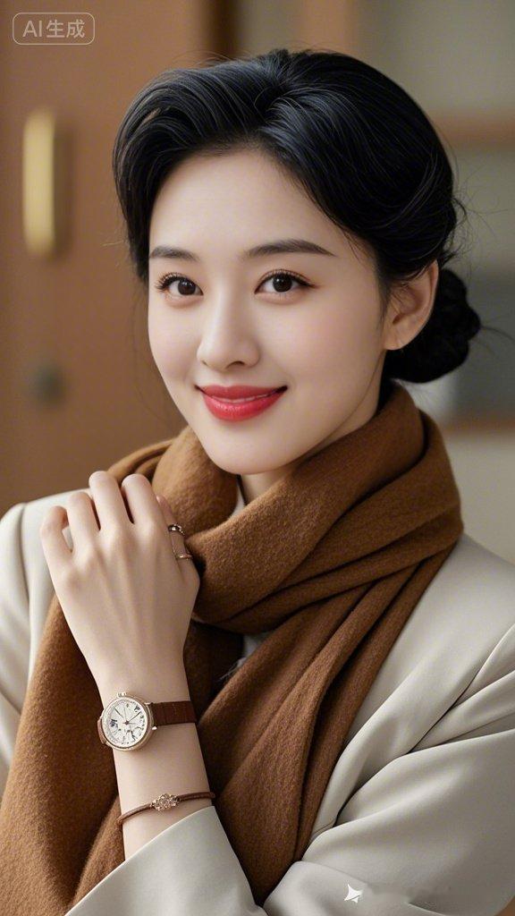 这位女士笑容甜美，穿着优雅。