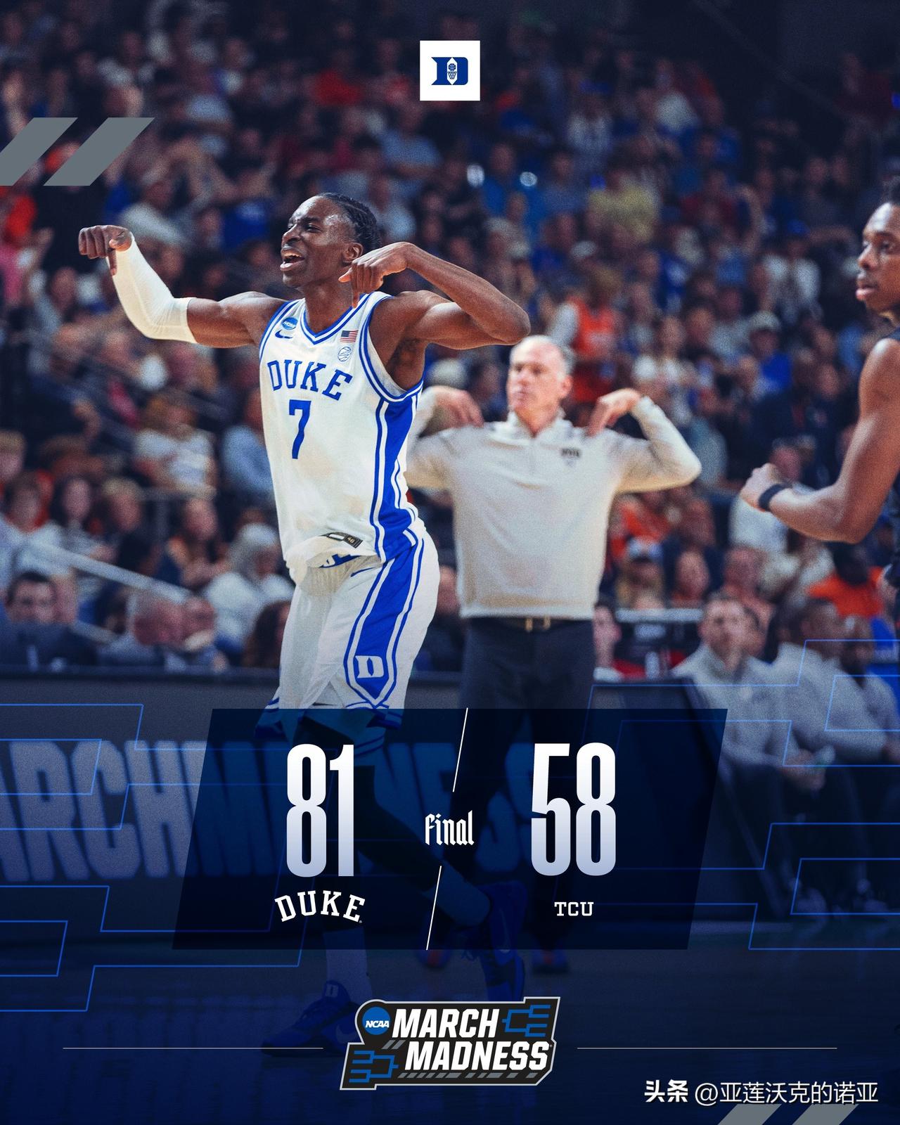 杜克击败TCU晋级甜蜜16强，中锋Patrick Ngongba复出，主帅Jon