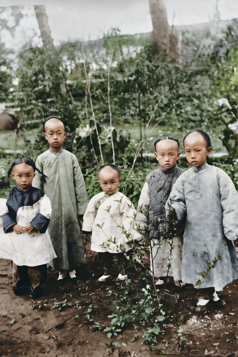 1896年春，湖南长沙巡抚署后花园，国学大师陈寅恪平生留下的第一张照片。
照片中