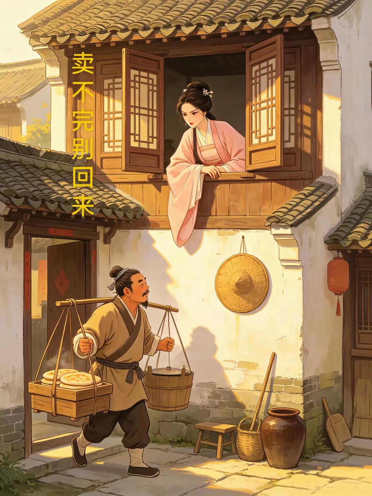 一早挑担走出家，
楼上娘子叮嘱他。
货不卖完莫回转，
多赚些钱供奴花。