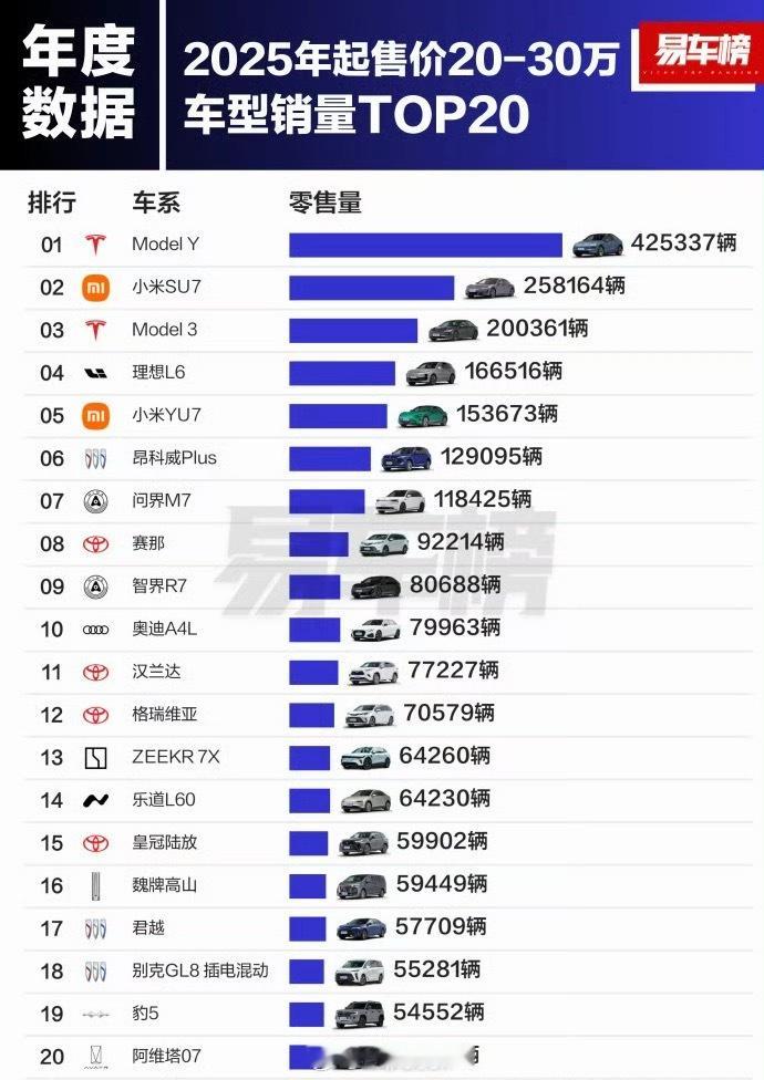「2025年起售价20-30万 年销量TOP20的车型」毛豆Y断档领先小米SU7