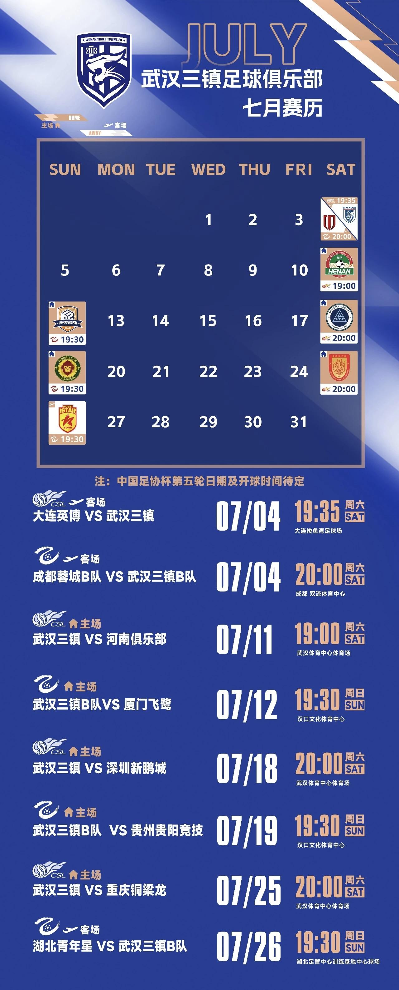 聚焦武汉三镇7月完整赛程！

本周六客场挑战大连英博，此战两队都输球了。大连刚在