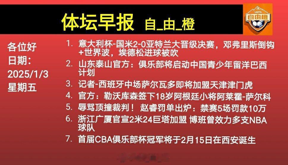 🌐《自由橙足球早报》 01.03 周五➩国米2-0亚特兰大晋级，邓弗里斯倒钩+