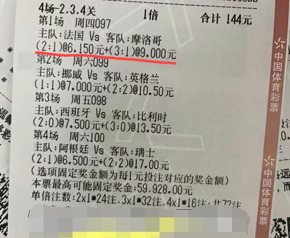 “4串2、3关”，现在变成“3串2、3关”，容错率越来越低了。摩洛哥真的是百无一