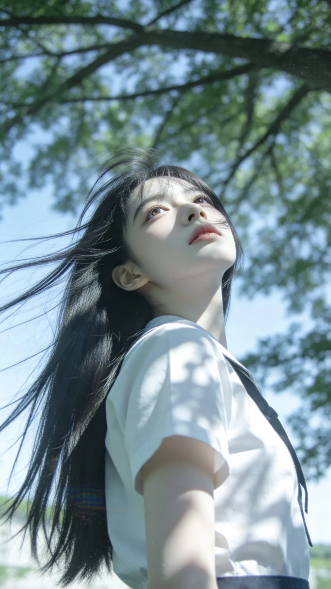 一位长发及腰、超现实主义，真人出镜，模样似洋娃娃般可爱的女生。构图随意...