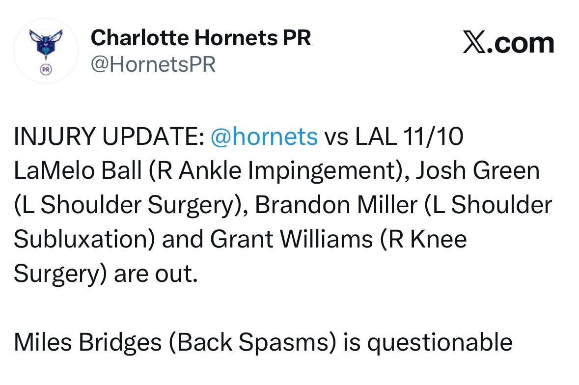 黄蜂队伤病报告：三球（右踝）、约什-格林（左肩手术术后）、布兰登-米勒（左肩半脱