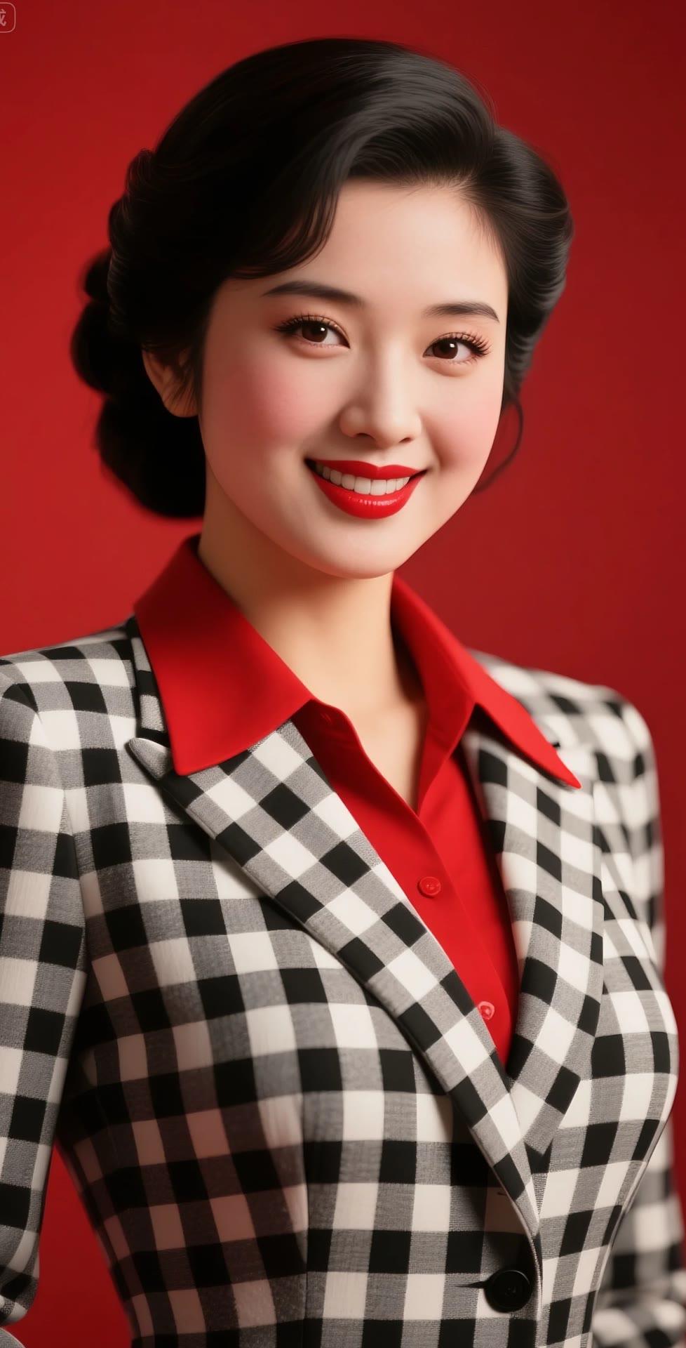 复古红唇与格子西装，优雅与时尚的完美结合！👗💄👠