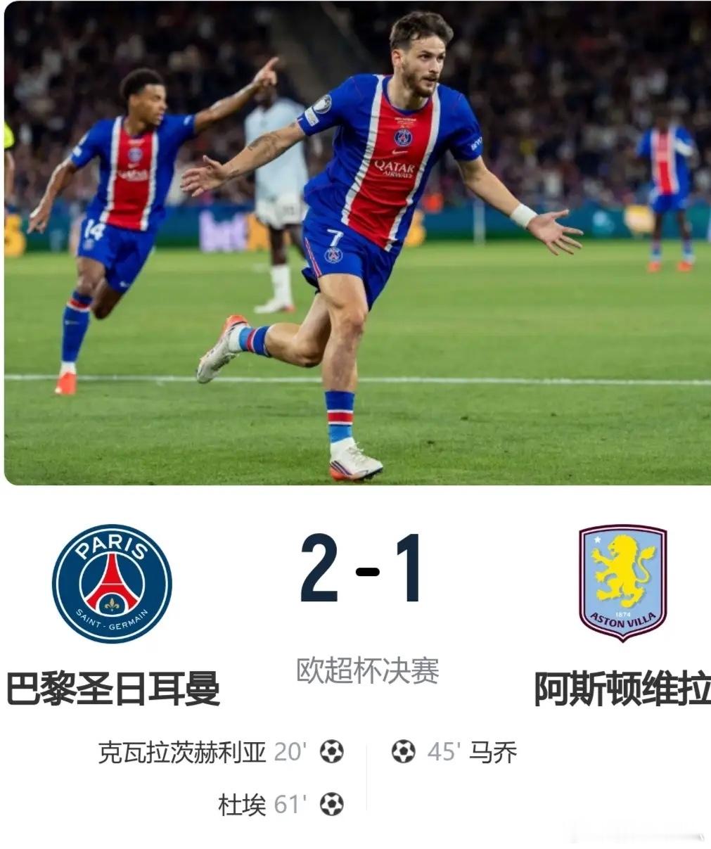 成功卫冕欧超杯！巴黎2-1击败阿斯顿维拉！此役，杜埃传射建功，克瓦拉茨赫利亚破门