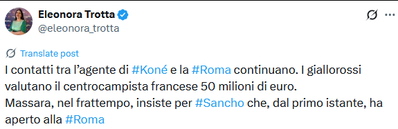 罗体Trotta：科内经纪人与国米的接触还在继续，罗马估价5000万欧元，在这种