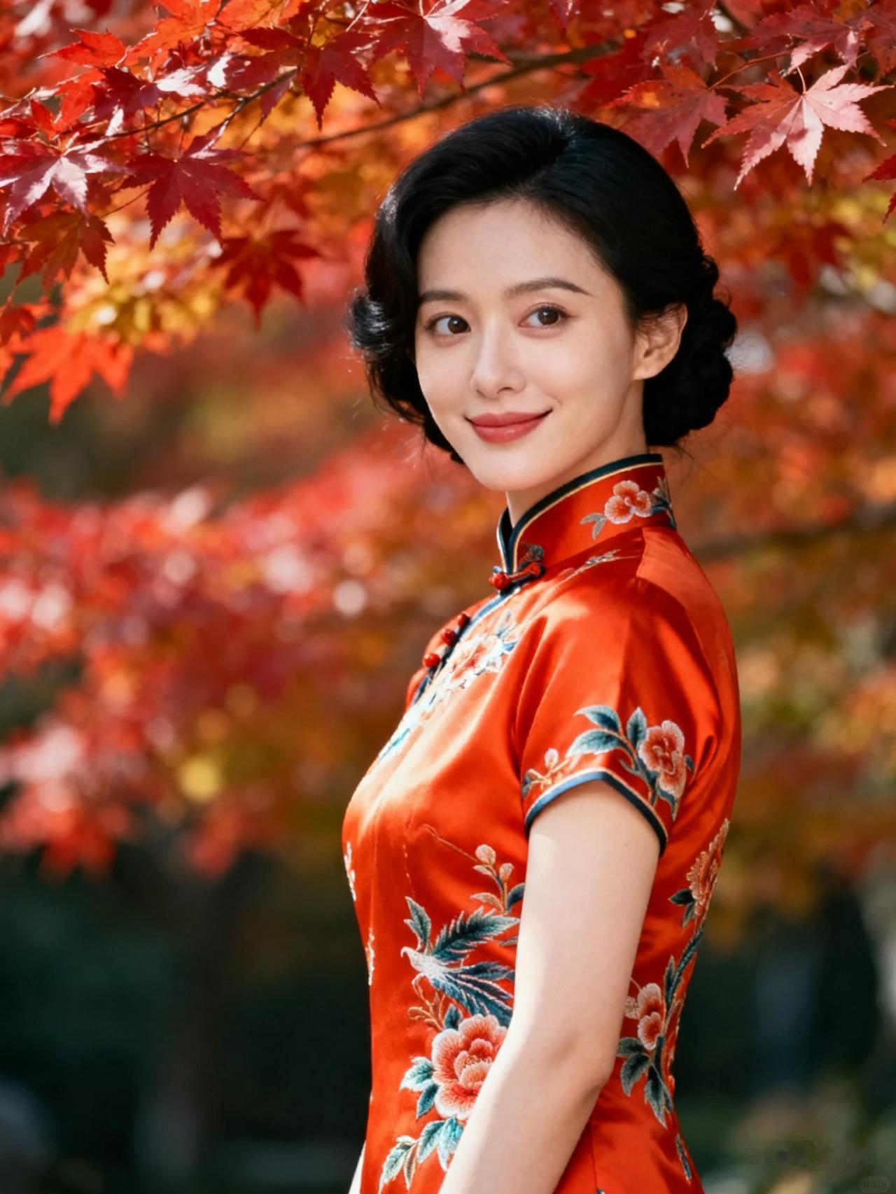 秋叶红如火，美人笑如花。