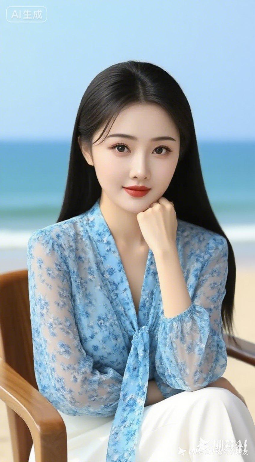 海滨蓝韵
碧海澄空共色清，柔风轻拂海滩晴。
青丝垂落如丝润，蓝衫碎花若浪轻。
纤