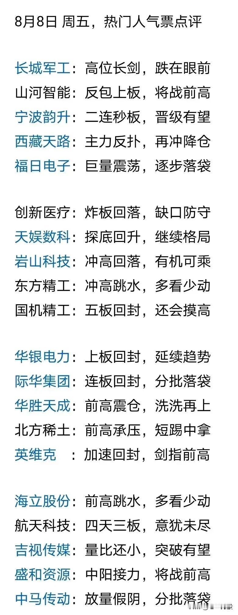 1. 8月8日热门股票点评

- 核心观点：对当日表现强势的股票进行技术面分析，