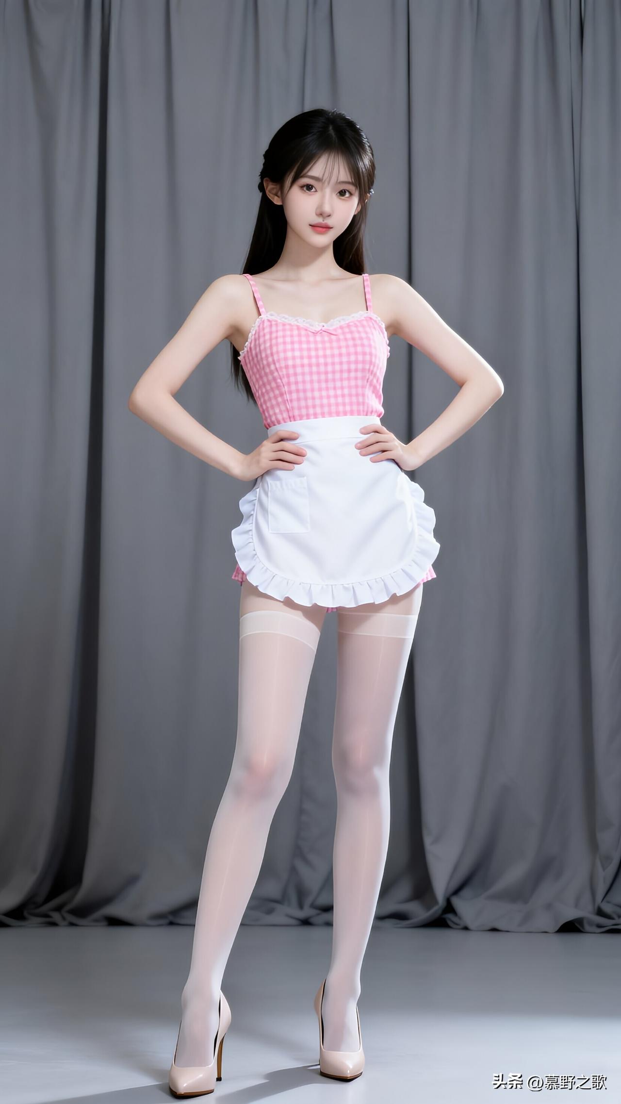 这姑娘穿着粉格子背心和白色短裙，搭配丝袜和高跟鞋，摆着姿势拍照。