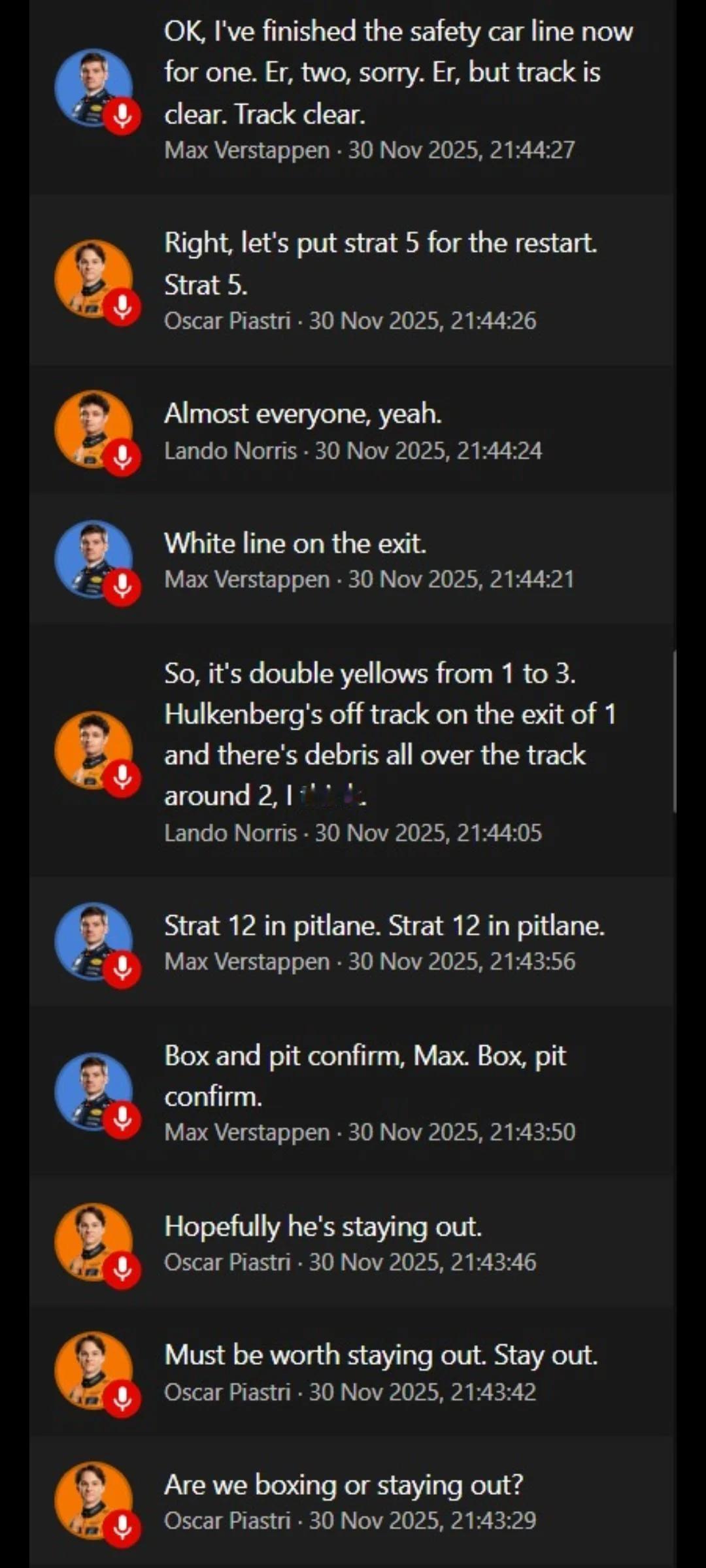 Lap7出动安全车时，三位车手的TR通话一览F12025F1卡塔尔大奖赛