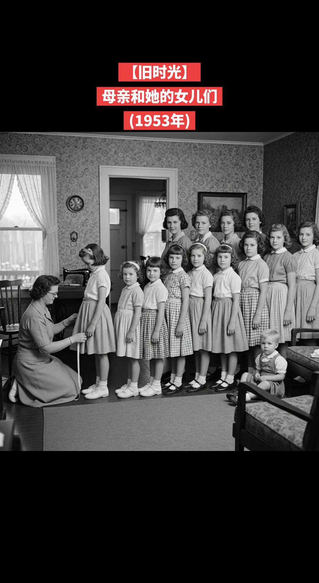 1953年，一张令人难忘的照片记录了一位母亲与她的众多女儿们站在波士顿家中合影的