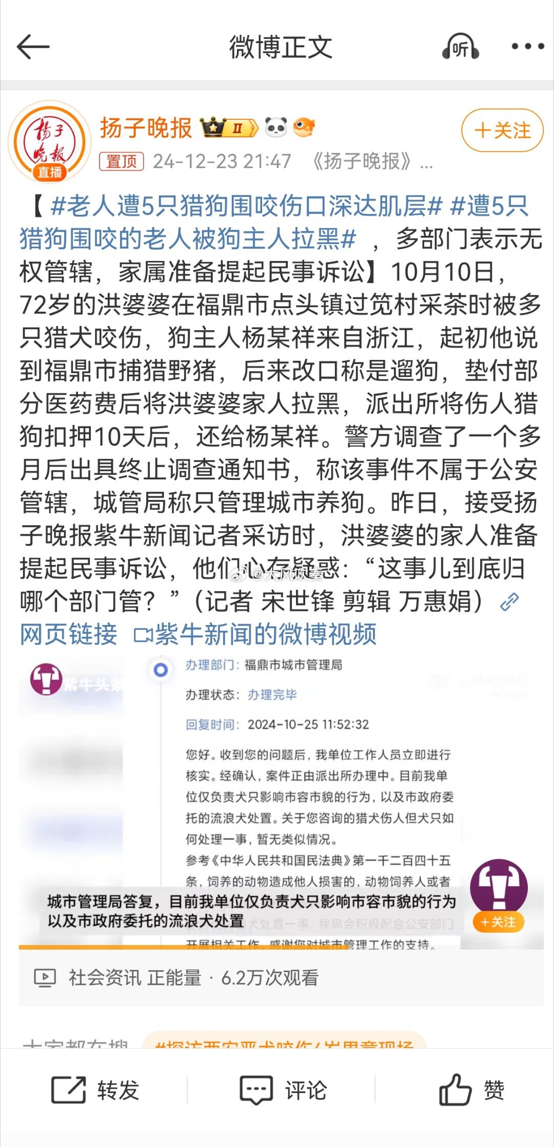 老人遭5只猎狗围咬伤口深达肌层 （1）城管只管城市的狗，这个说法很通俗，但其实是