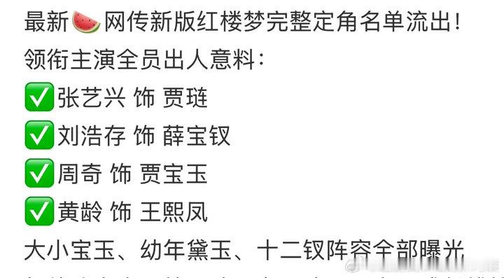 网传新红楼梦演员阵容网传新红楼梦演员阵容，刘浩存薛宝钗，张艺兴贾琏网传新红楼梦定