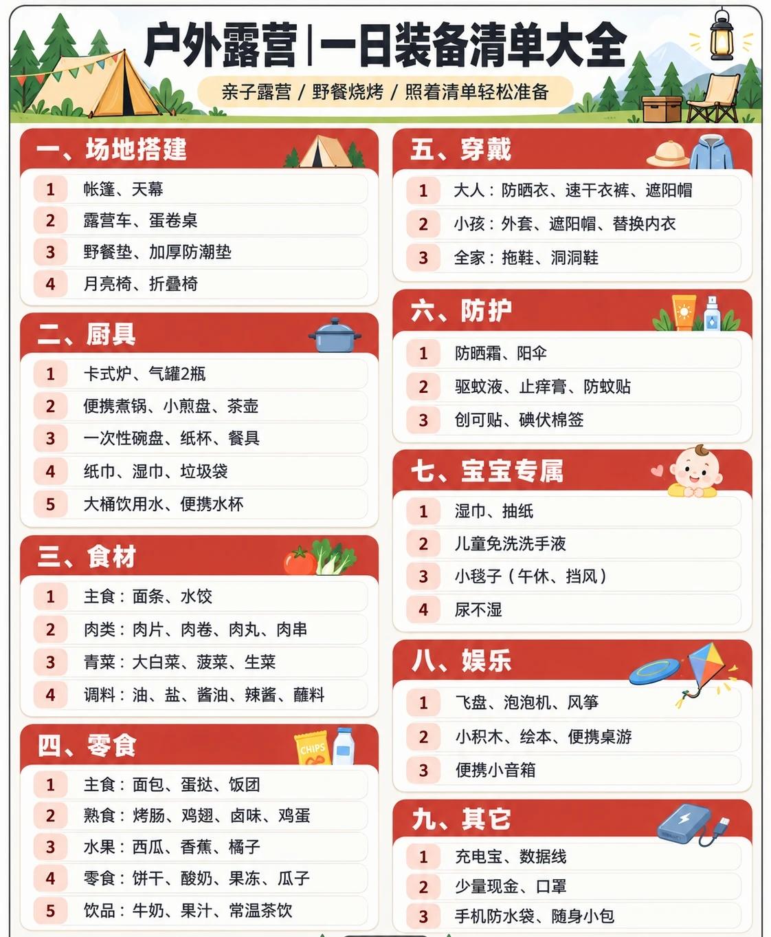 周末露营怎么收拾？这份打包清单先存好⛺
天气舒服的时候，真的很适合约上家人朋友去