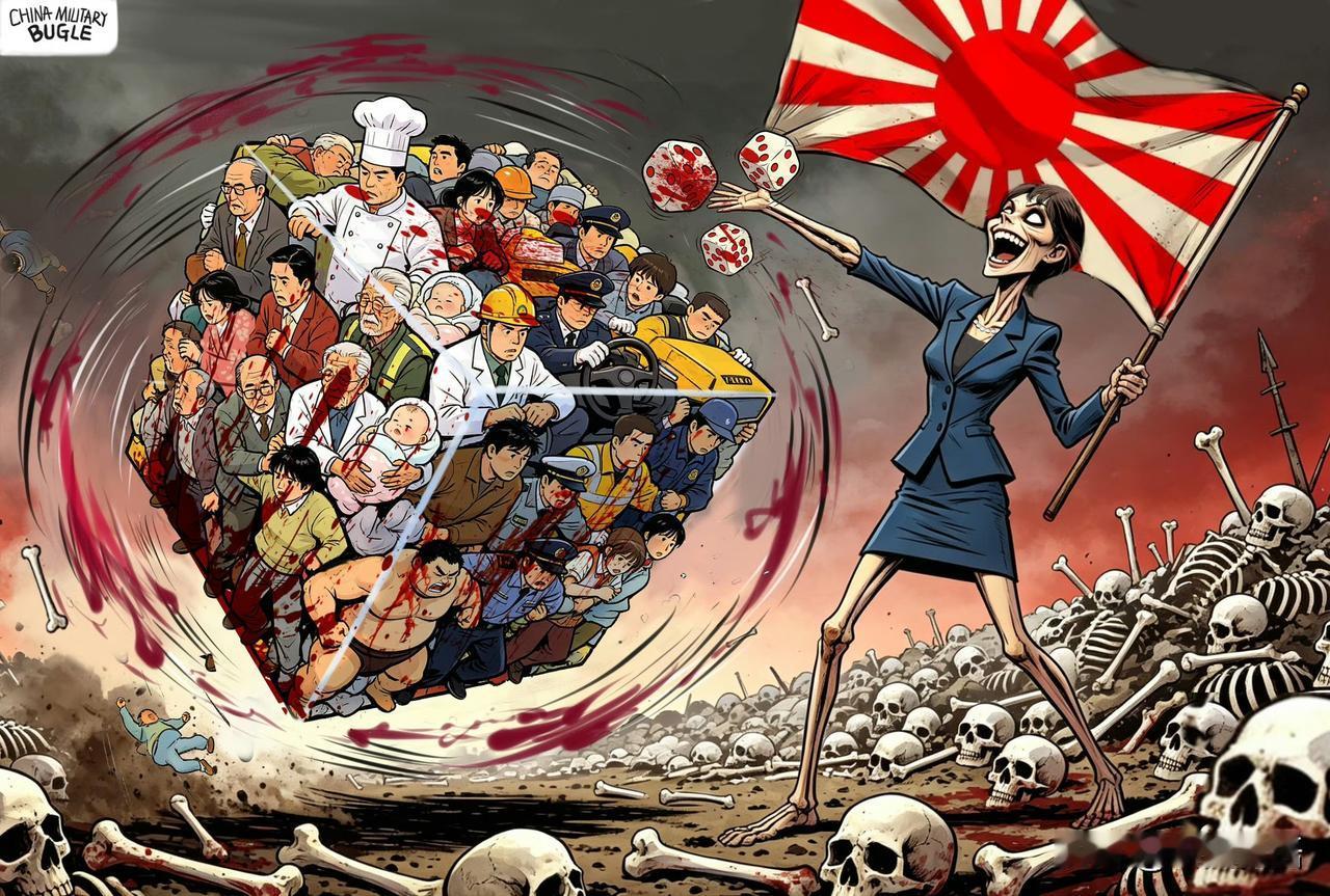 这幅漫画，一针见血的撕开了高市早苗复活军国主义的野心！
我们再不能对他们仁慈和手