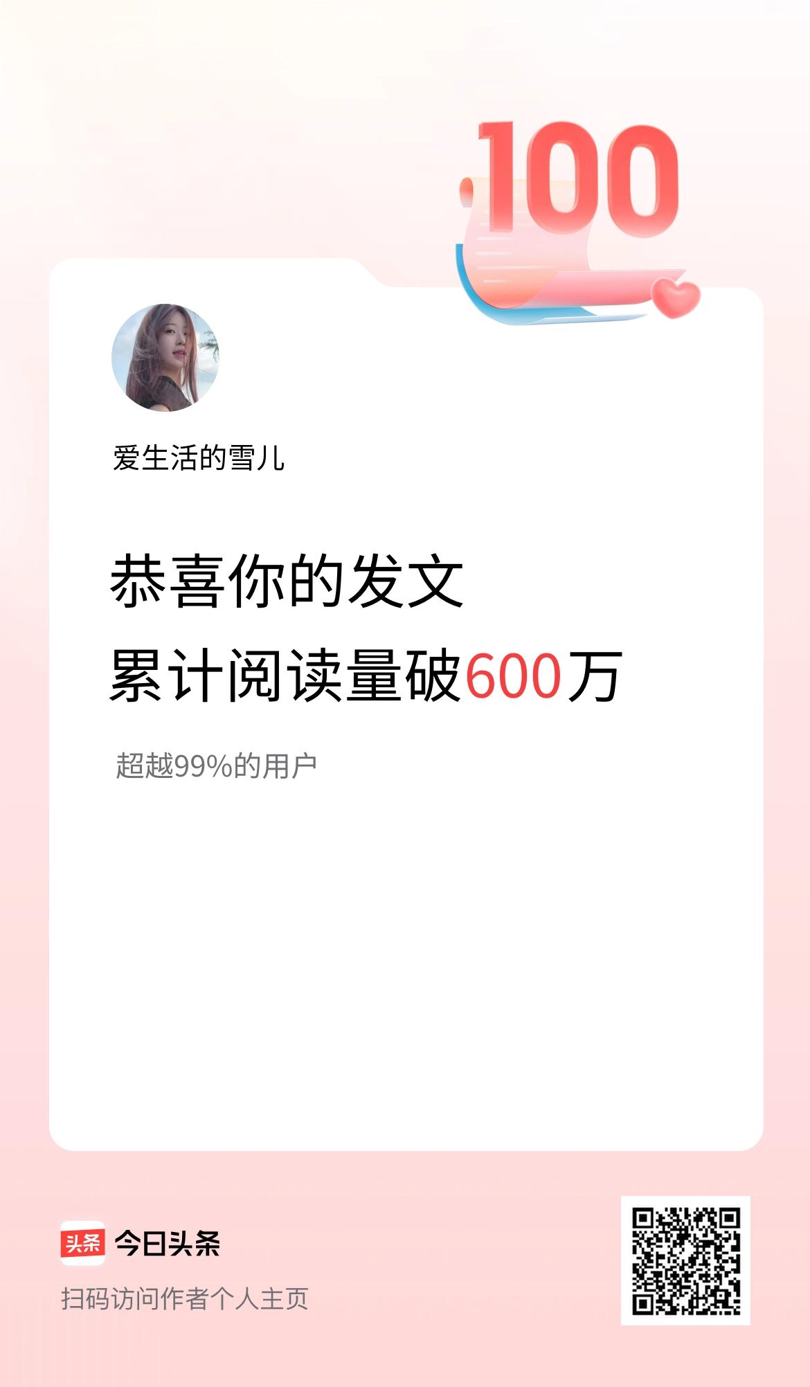 🤝我在头条累计获得阅读量破600万啦！