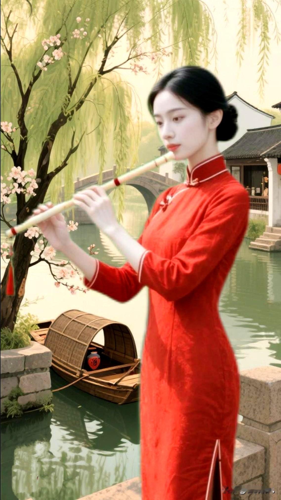 作者/馨漪婉风
七绝•柳系乌篷
石桥静卧历沧桑，
柳系乌篷钓浅塘。
暮晚横笛谁共