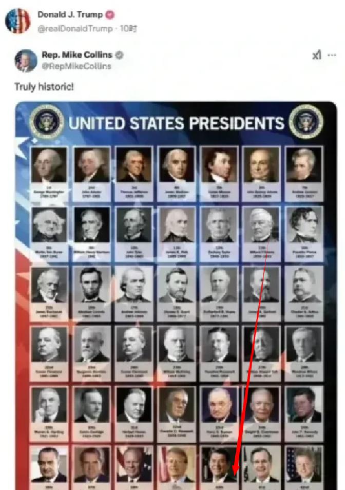 快讯！快讯！。
 
美国前总统特朗普突然发布了一张“美国历任46位总统合照”的图