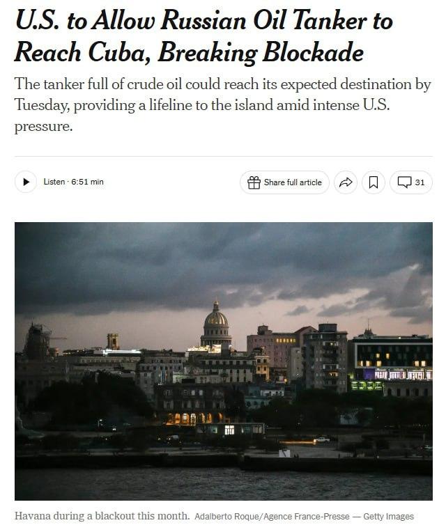 美国破例允许一艘俄罗斯油轮突破封锁，载运73万桶原油前往古巴，预计周二抵达。
 