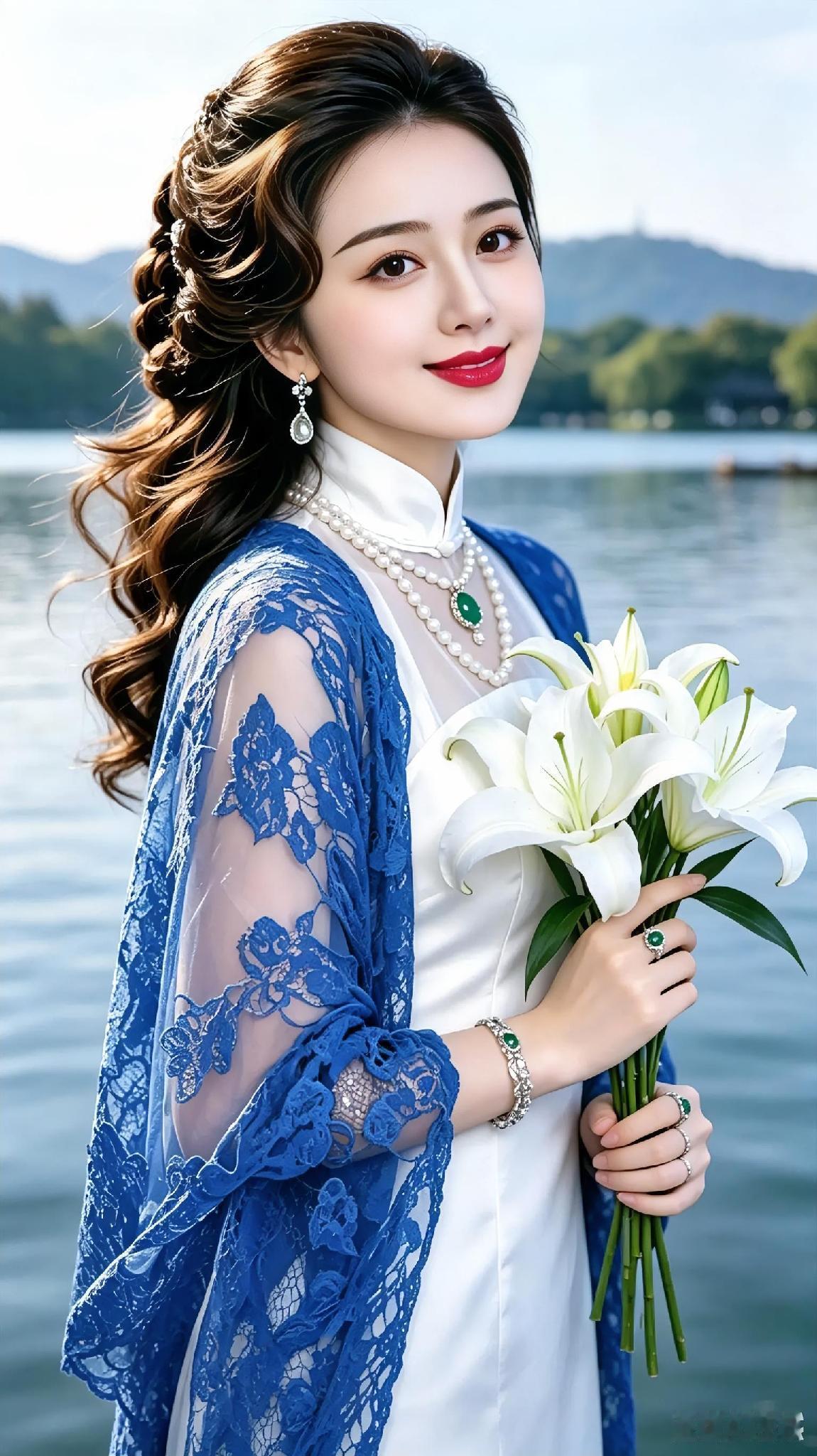 青山绿水依旧，美人倚立湖旁，笑颜花开映美景，美丽动人心弦动。

ai照片创意 