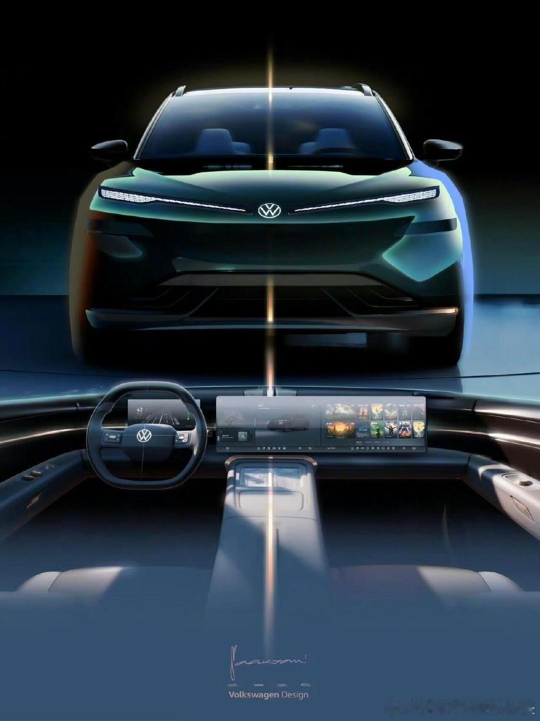 大众与众08，内饰预告图首发！一体式双联屏，镂空方向盘，无框车门，极简风格与对称