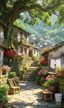 四块玉·山居闲居
阶绕香，山藏巷，
老屋清幽隐青岗。
庭前日暖繁花放。
竹椅闲，