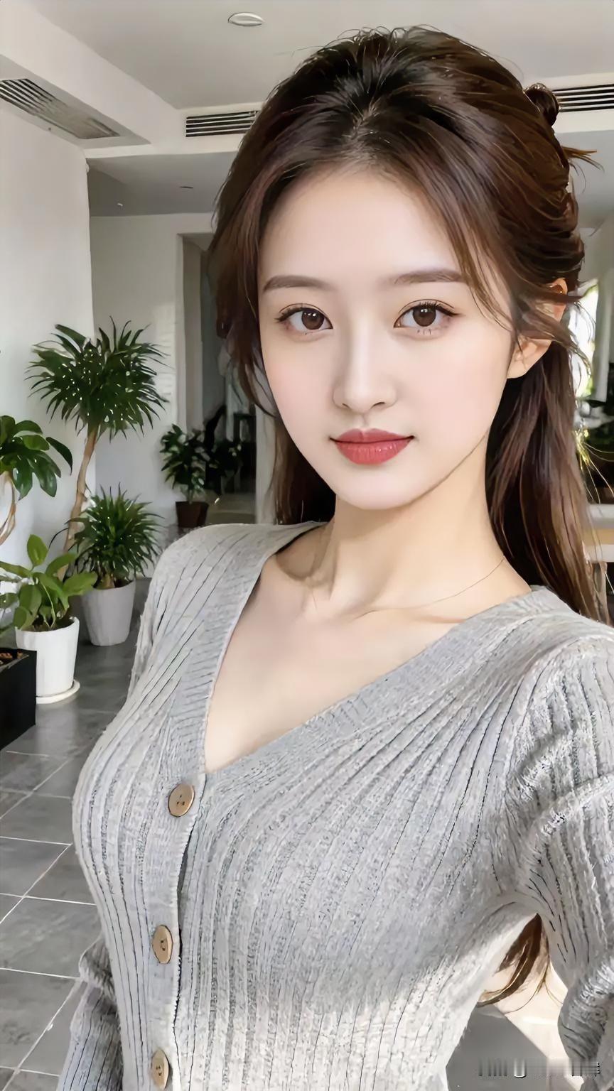 浅灰针织，她立成室内的诗。

V领盛着柔光，纽扣缀着温柔。

长发半挽，藏尽慵懒