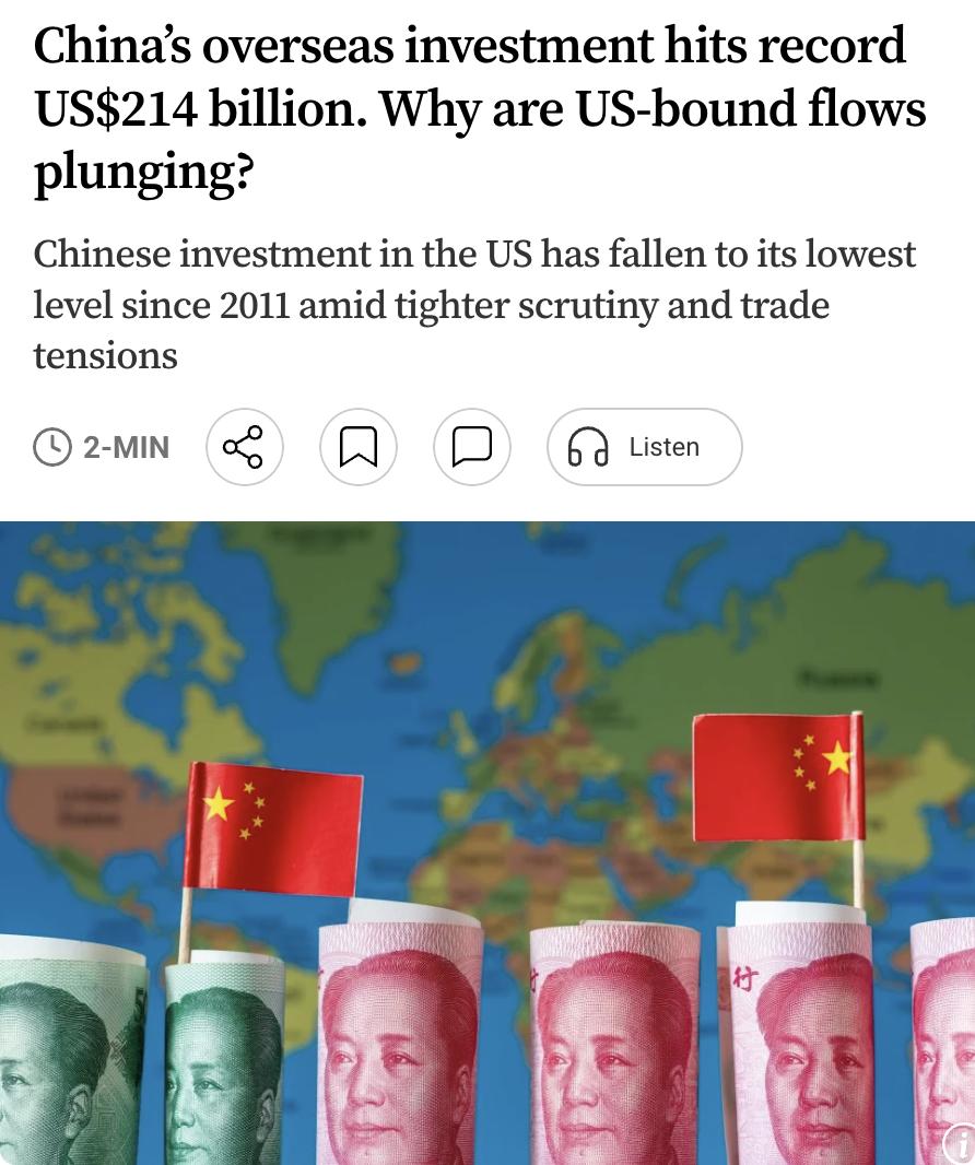 外媒：中国商务部等部门发布的数据显示，2025年中国对外直接投资达到2140亿美
